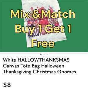 White HALLOWTHANKSMAS Canvas Tote Bag Halloween Thanksgiving Christmas Gnomes